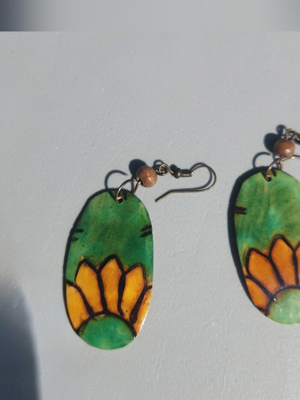 Handcrafted Green and Orange Sunflower Drop Earrings